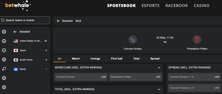 A snapshot of BetWhale, one of our top rated Delaware sports betting sites.